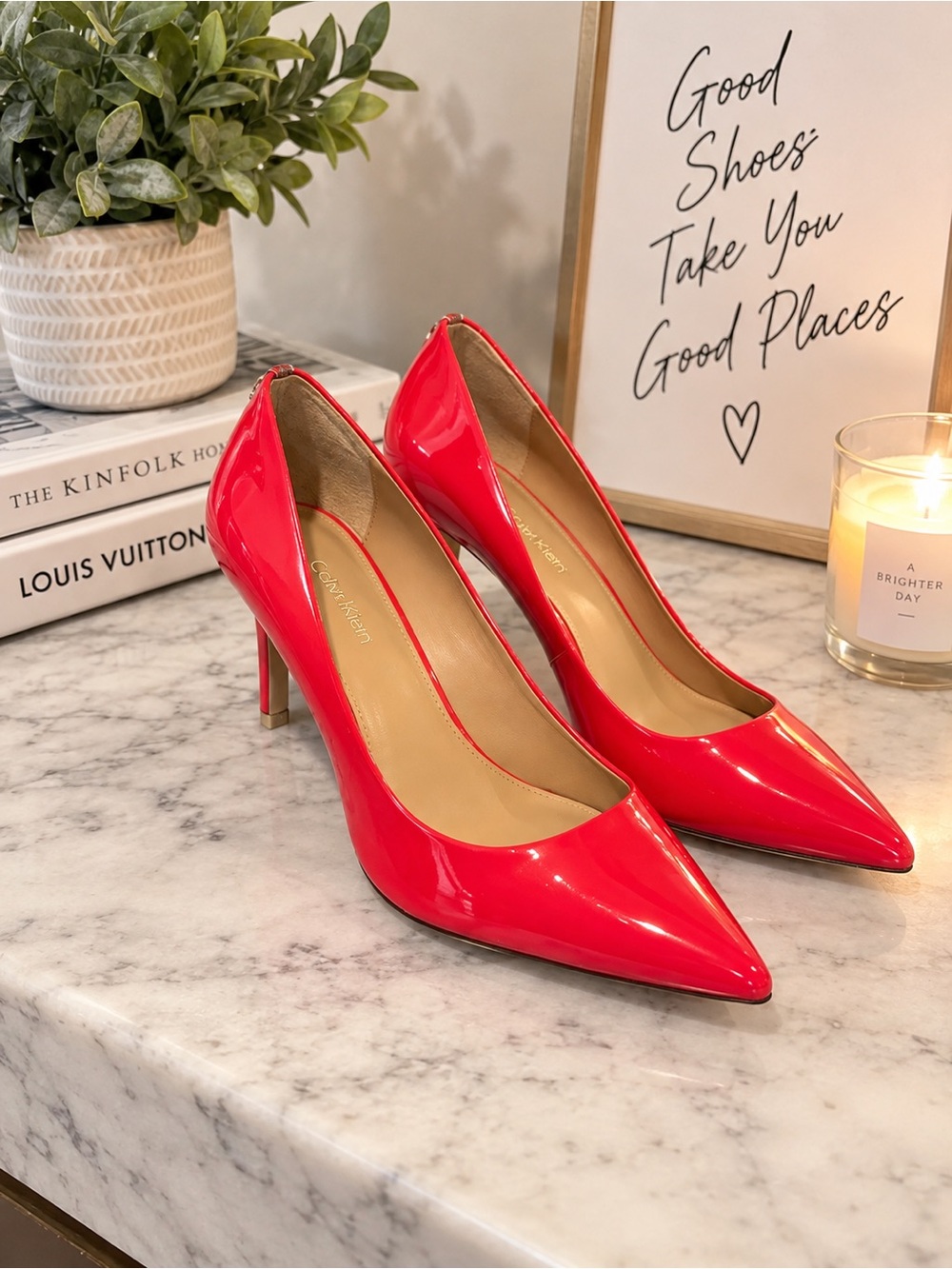Calvin Klein Red Patent Leather Pointed Toe Pumps Heels Size 9 NWT